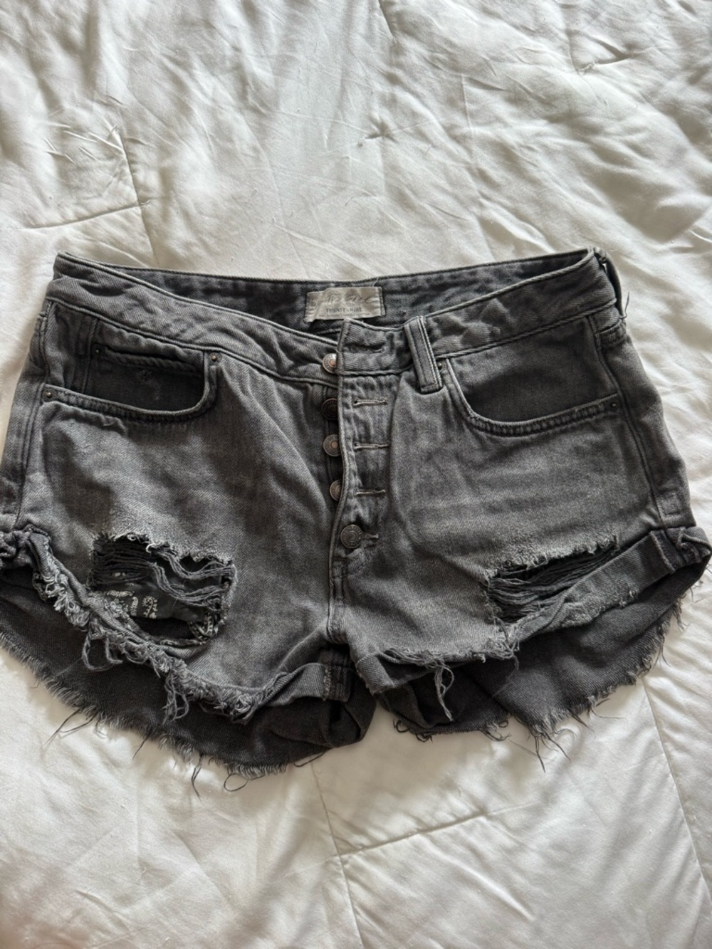 We the Free Black Distressed Button-Fly Denim Shorts